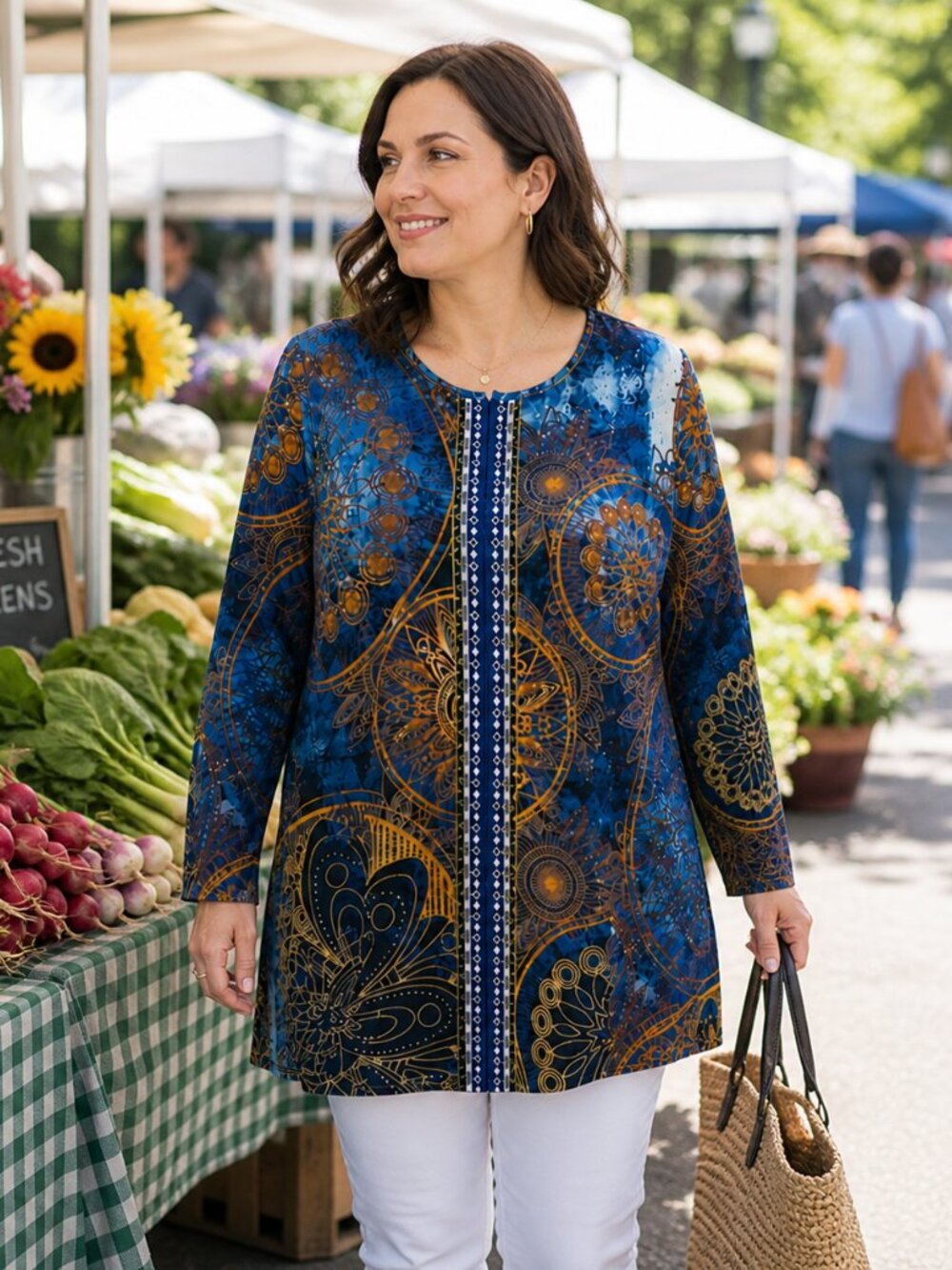 Blue & Gold Ornate Print Tunic – XXL | Boho Statement Top